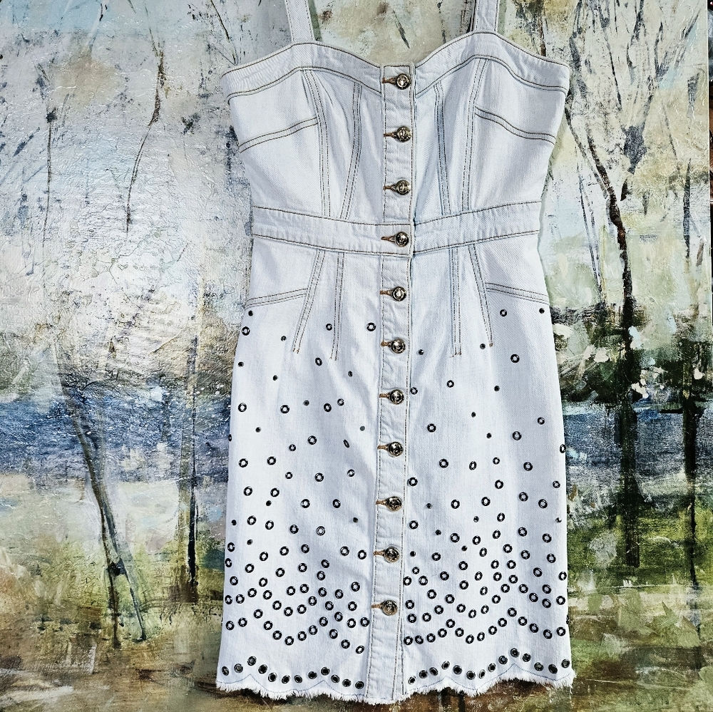 Juicy Couture Embellished Light Wash Stretchy Denim Dress Sz6 Button Front Laced